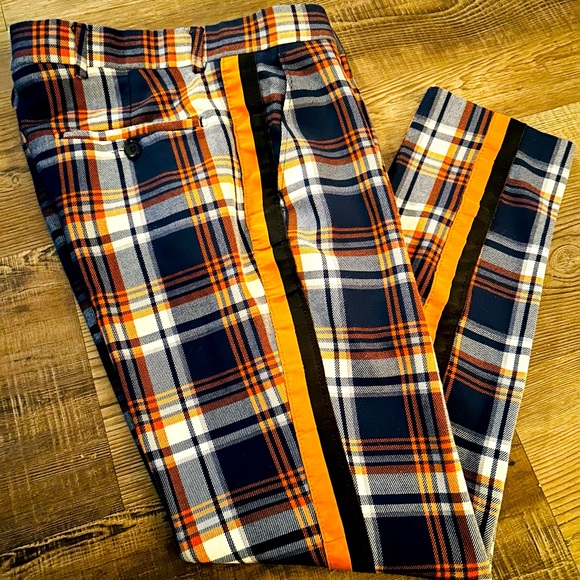 Boohoo MAN orange navy white tartan skinny fit trouser stripe side pants 30 - Picture 1 of 3